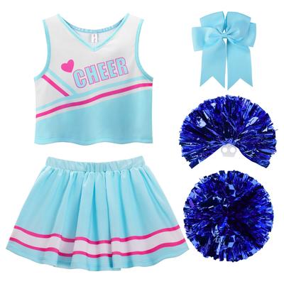 [ReliBeauty] Cheerleader Costume for Girls - Halloween, Christmas, Party, School Festival, Pom-poms, Hair Ribbon Set - Blue - Size 100