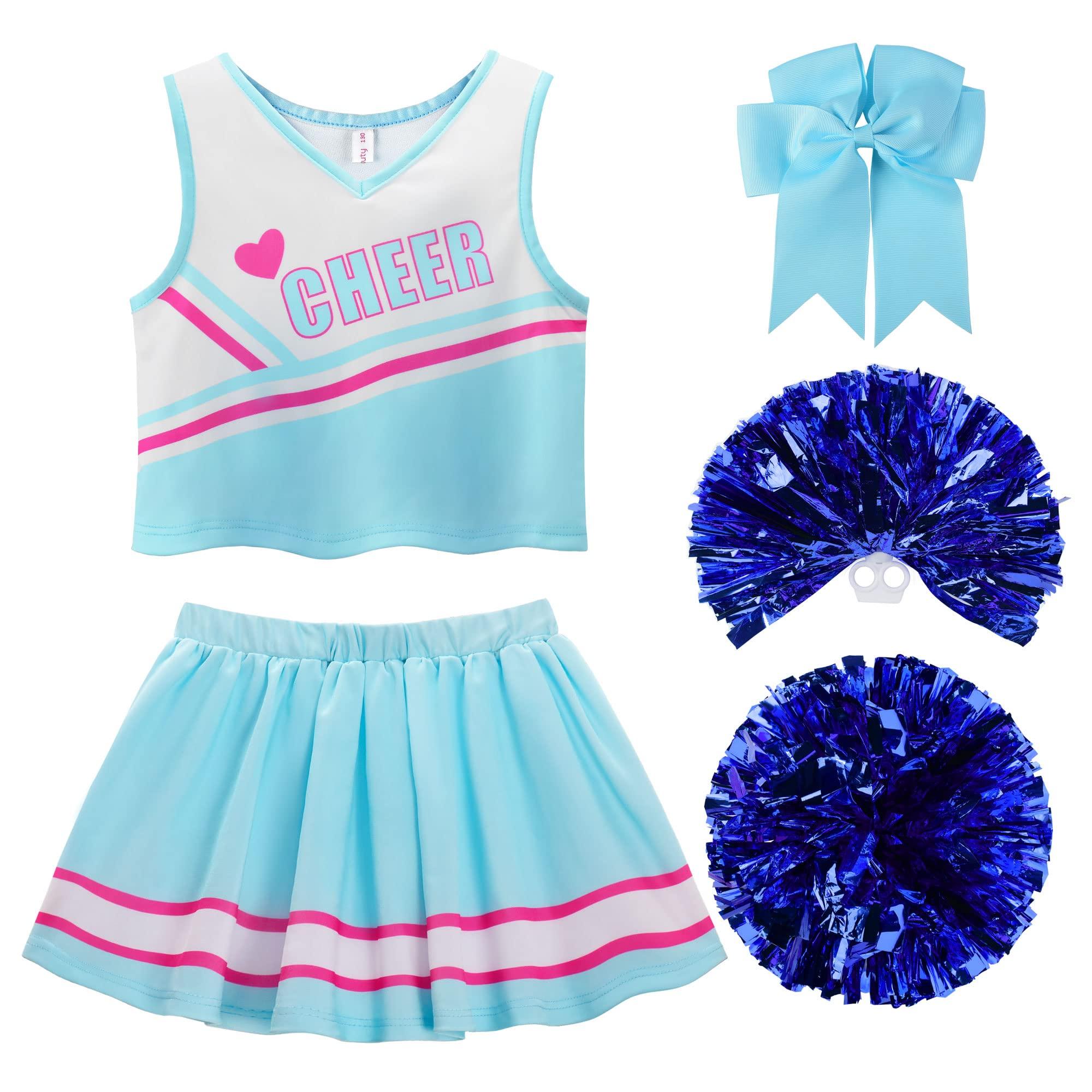 

[ReliBeauty] Cheerleader Costume for Girls - Halloween, Christmas, Party, School Festival, Pom-poms, Hair Ribbon Set - Blue - Size 100