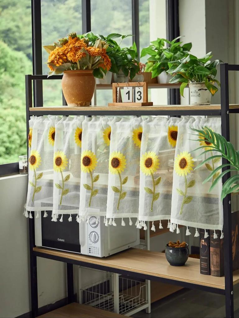 Semi Sheer Curtain Valance for Windows Kitchen Cafe, Sunflowers Embroidery Curtain Window Treatment Spring Summer Home Decoratio