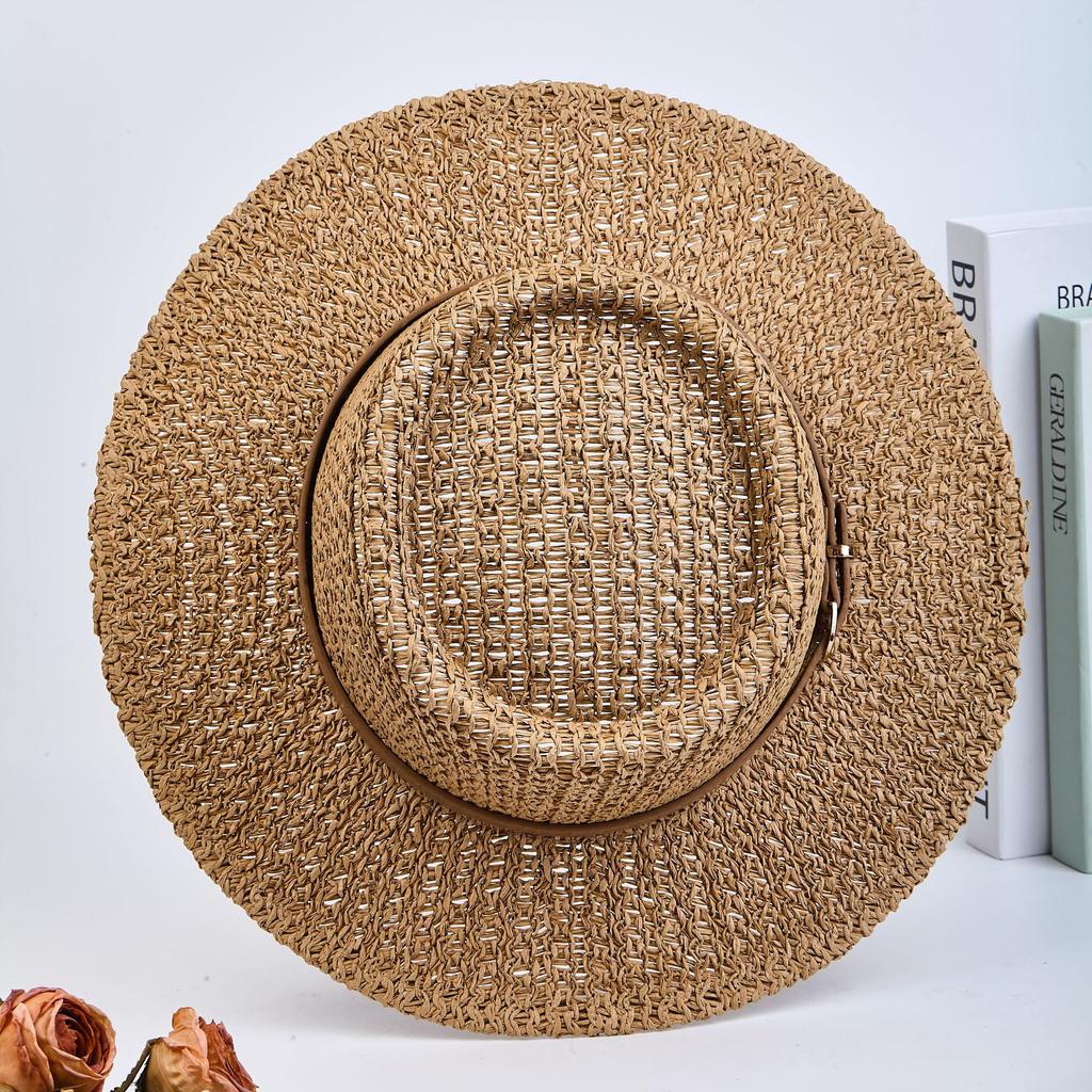 British Retro Travel Flat-top Straw Hat Cut Out Sun Protection Woven Seaside Vacation Beach Hat Top Hat