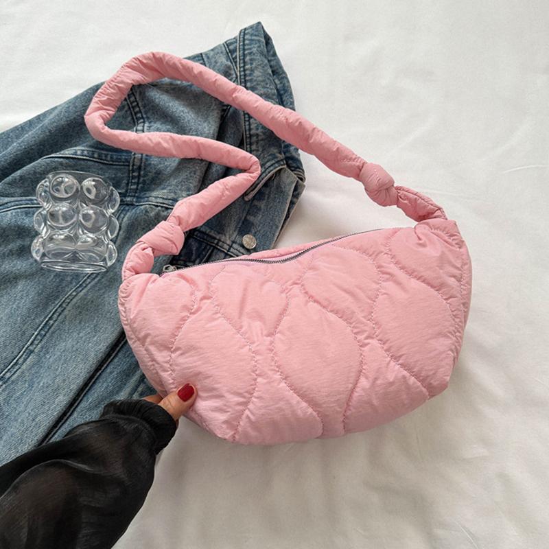 

Yogodlns Женская сумка-пуховик через плечо, модная мягкая сумка-шоппер в виде подушки из пуха с молнией, стеганая простая сумка кроссбоди для девочек-подростков 35.5x12x17cm розовый