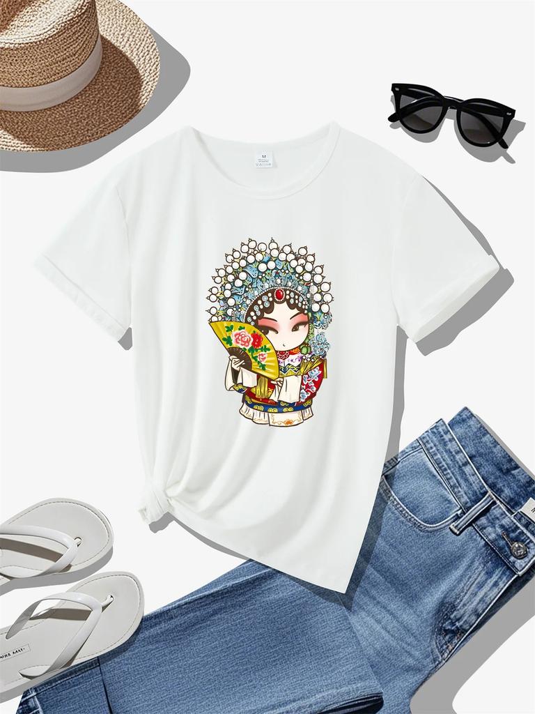 Beijing Opera Mask Cartoon Characters Printed Summer Women's Top Short Sleeve Round Neck Casual Summer Womens T-shirt Clothing
