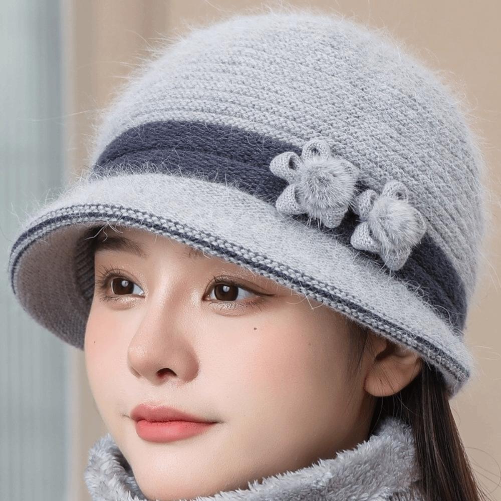 Windproof Floral Decor Hat Warm Knit Basin Cap Fashion Middle-aged Elderly Bucket Hat Winter