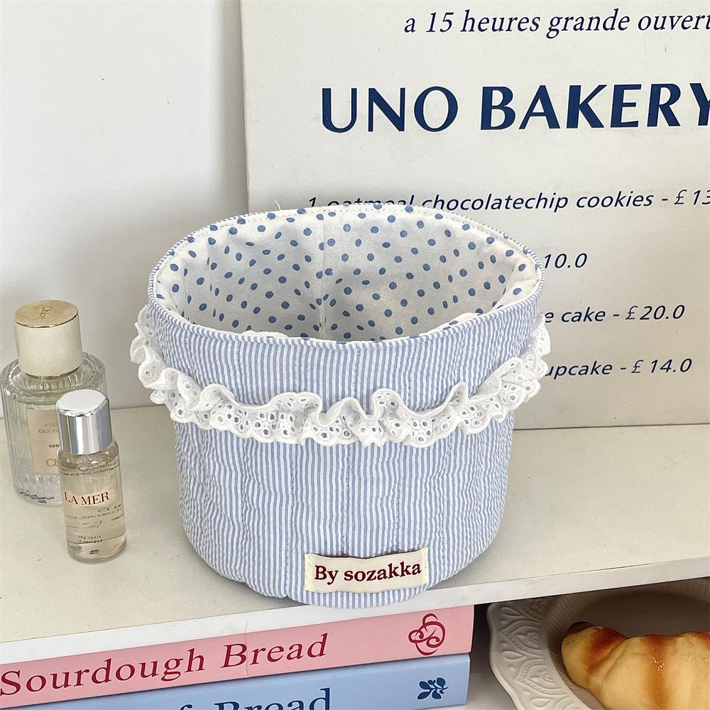 

Korean Style Quilted Fabric Storage Basket - Round Desktop Organizer for Miscellaneous Items and Snacks