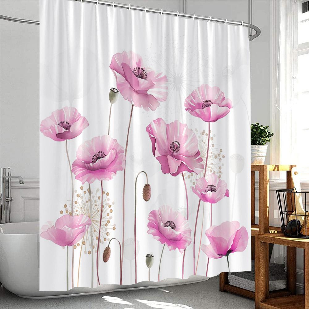 Watercolor Poppy Shower Curtain Floral Flowers Blue Red Green Plant Bathroom Decor Minmalist Polyester Bath Curtain With Hooks