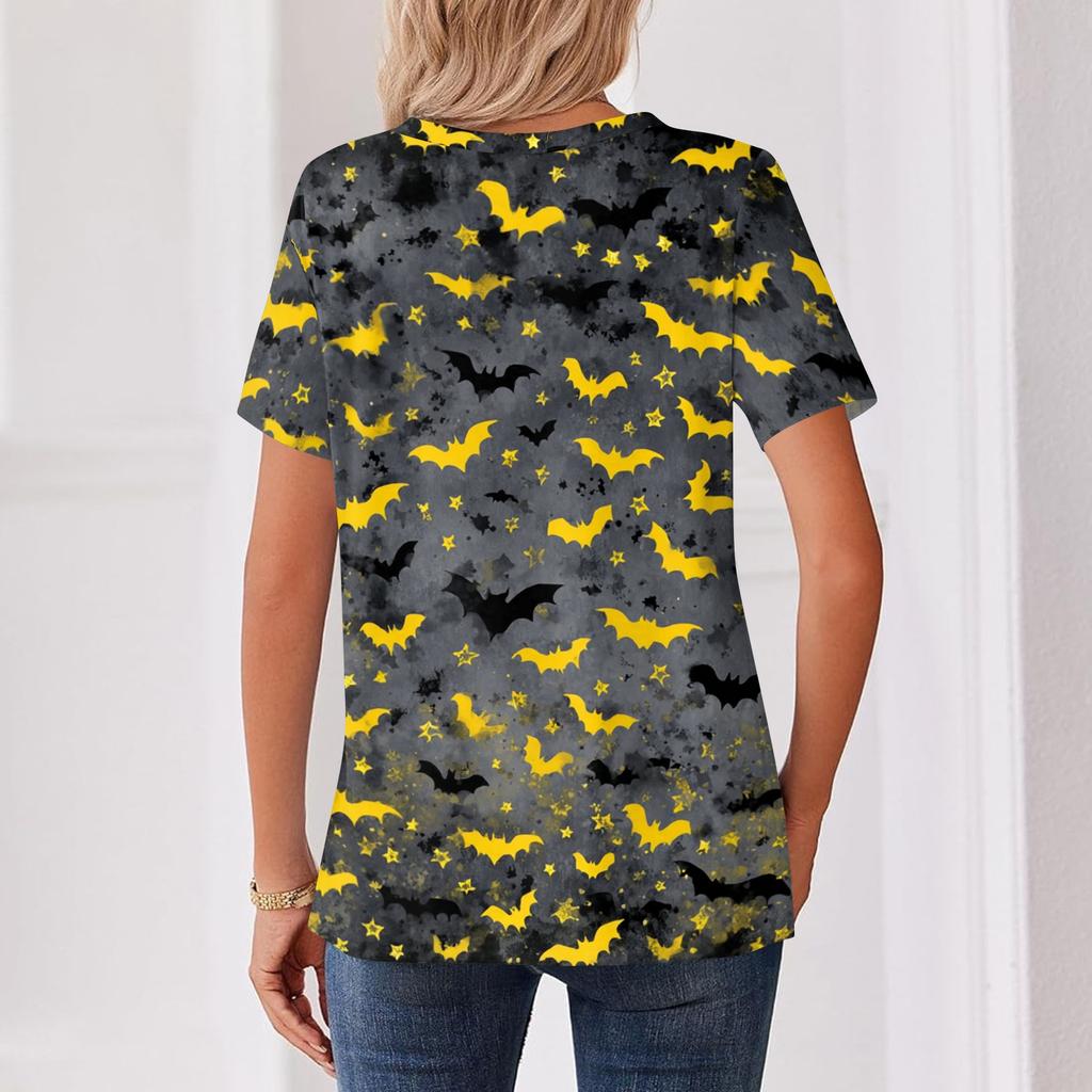 Women's Casual V Neck Button Front Top Halloween Print Short Sleeve Relaxed Fit Blouse Lightweight Breathable Fabric