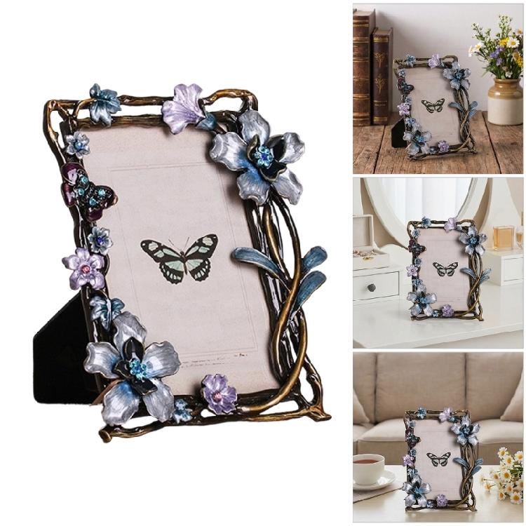 Cornice per Foto in Metallo Antico Decorata con Fiori Smaltati Colorati e Motivo di Uccelli Cornice da Tavolo per Foto Cornice Regalo