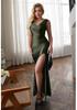 Vestido Satinado de Color Sólido Europeo y Americano Delgado con Abertura y Diseño ceñidor de Cintura