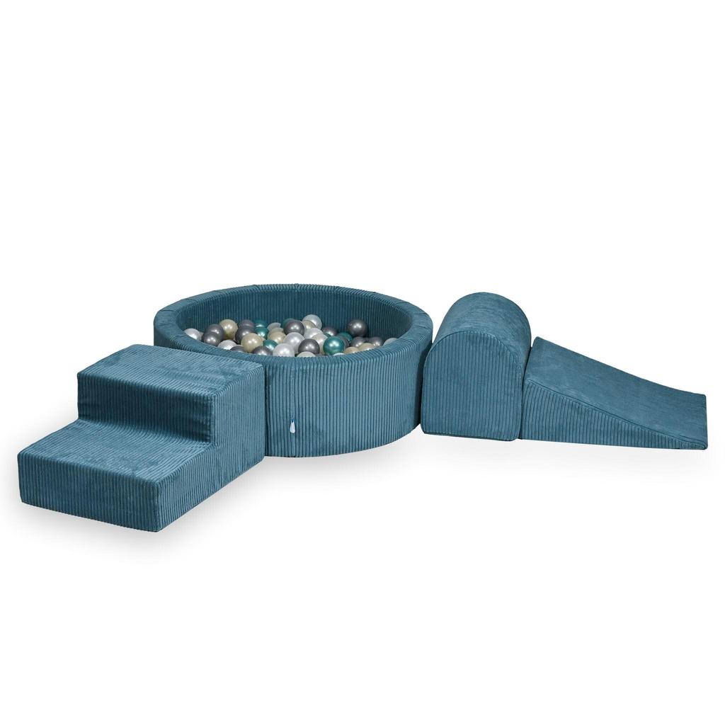 Foam Playground with Pool 90x30 Corduroy Blue 200 Balls: Pearl, Silver, Light Gold, Metallic Turquoise