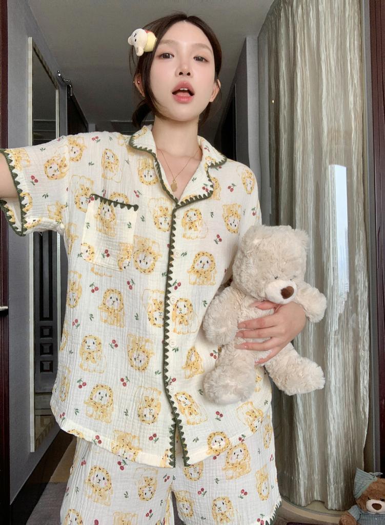 Lace full print bunny pajamas women's summer short-sleeved shorts cardigan two-piece set student dormitory loungewear