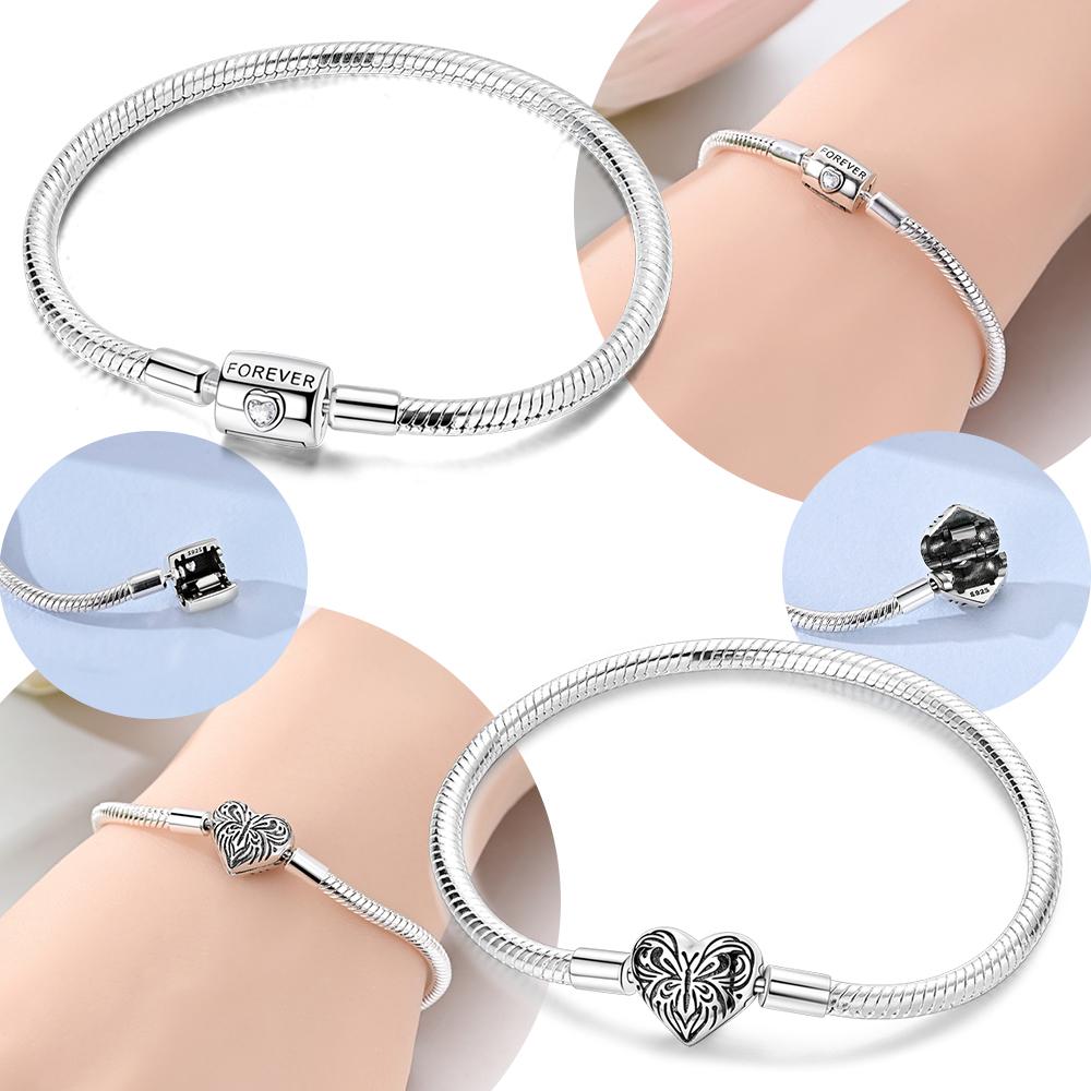 Authentic Copper Forever Love Heart Zircon Bead Bracelets Butterfly Women Snake Chain Bracelets Valentines Day Gift Jewellery