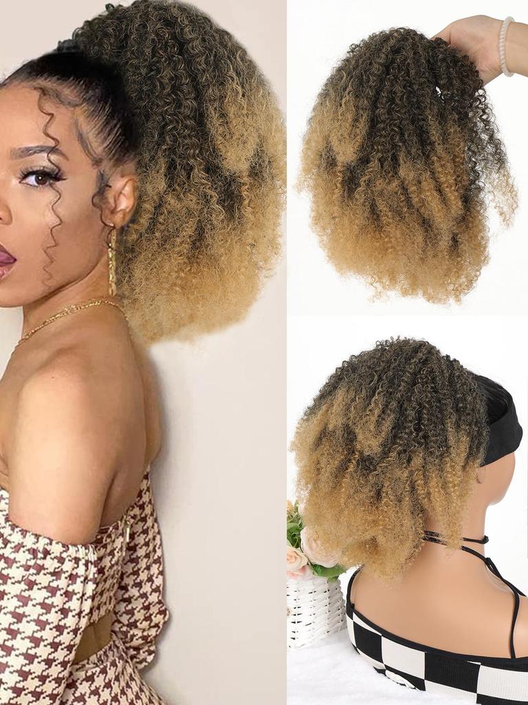 Synthetic Wig 12-inch Short Ponytail Afro Puff Kinky Curly Drawstring Ponytail Clip In Hair Extensions Natural Hairpiece Pony Tail For Women