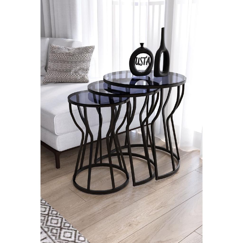 C Hourglass Nesting Table Set Of 3 Black Legs - Black Glass