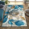 Flannel Printed 3D Rose Rug Blue Gold Accents Soft Fleece Floor Mat Living Room Carpet Elegant Decor Floral Art Rugs
