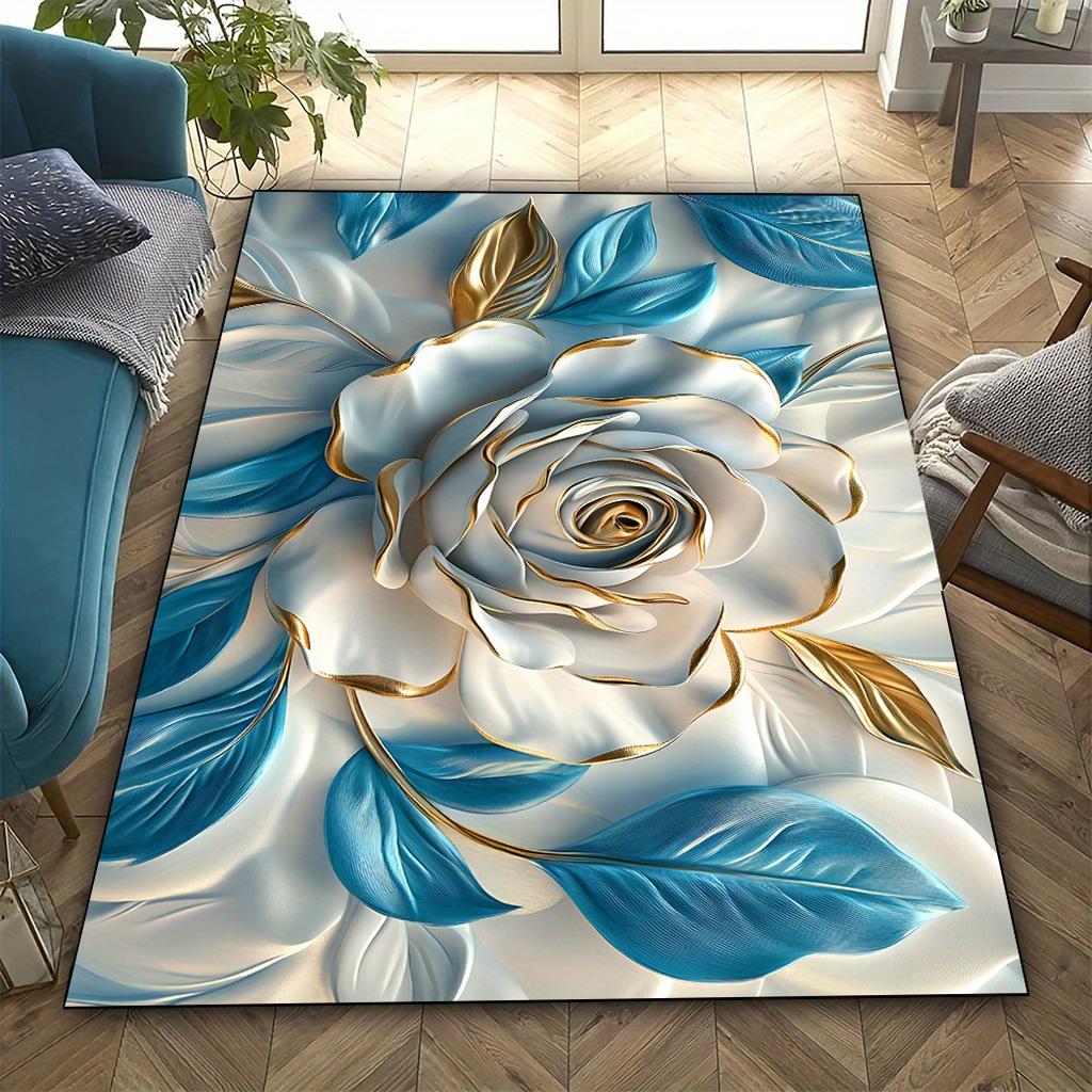 Flannel Printed 3D Rose Rug Blue Gold Accents Soft Fleece Floor Mat Living Room Carpet Elegant Decor Floral Art Rugs
