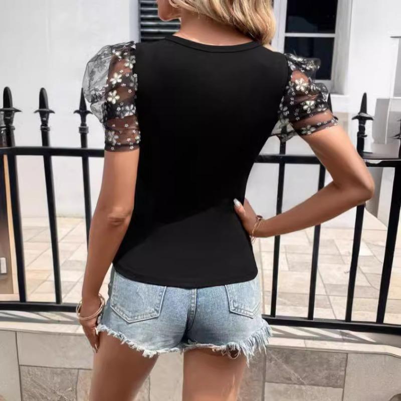 Women Solid Flower Pattern Crew Neck Mesh Petal Puff Short Sleeve Fitted Casual T Shirt