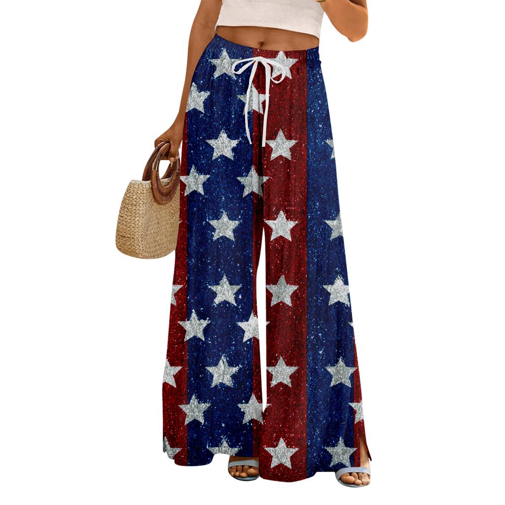Women Summer Boho Palazzo Pants High Waist Wide Leg Floral Printing Casual Trousers With Pockets