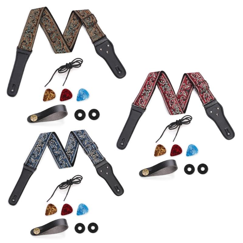 Adjustable Guitar Strap Embroidered Nylon Shoulder Strap Leather Ends Guitar Straps for Bass, Electric & Acoustic Guitar