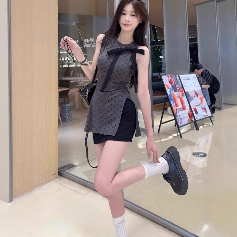 

Women s Summer Gray Polka Dot Slim Fit Bow Slit Sleeveless Tank Top S темно-сірий