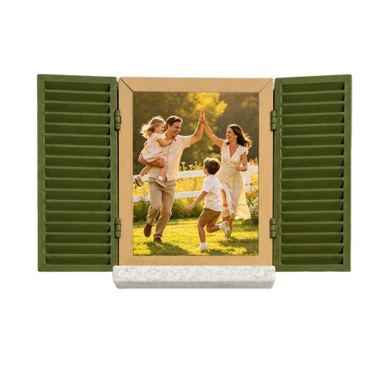 Key Holder with Hidden Storage Shelf, Mediterranean-Style Window Frame Photo Display Stand, Functional Entryway Organizer with Blinds Decor