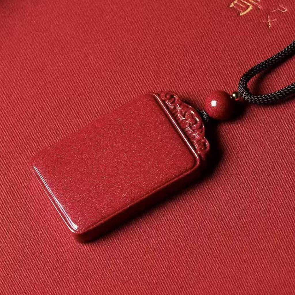 Natural Cinnabar Ruyi Necklace Pendant with Purple Gold Sand - Peace and Safety Amulet Gift