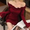 2025 Lace Bodycon One-Shoulder Dress with Bell Sleeves