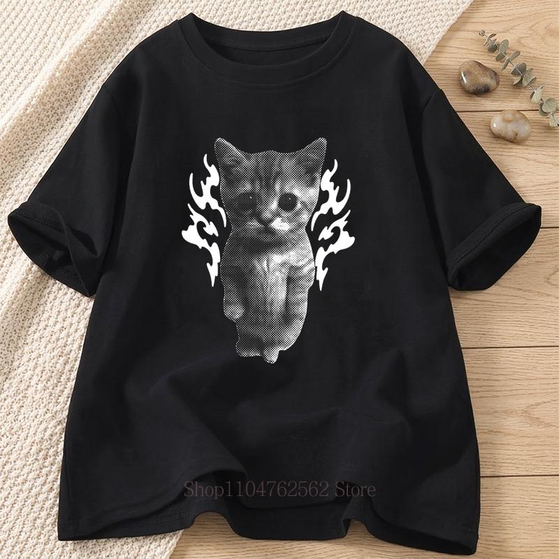 Flame Cat Vintage Graphic Print Tshirt Summer Womens Clothing Casual Fashion Funny Tops Streetwear ONeck Short Sleeve Tshirt