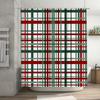 Green Red Striped Shower Curtain for Bathroom Decor Plaid Bath Mat Set with Hook Rings (180 x 180cm)
