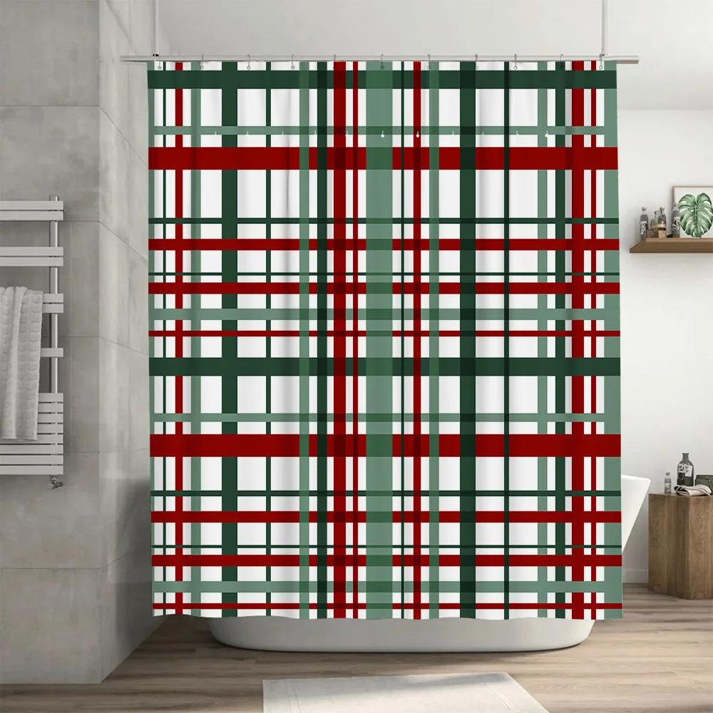 Green Red Striped Shower Curtain for Bathroom Decor Plaid Bath Mat Set with Hook Rings (180 x 180cm)