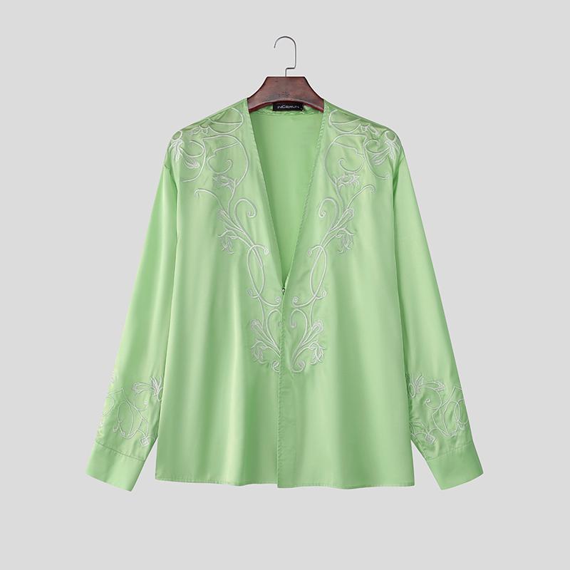 INCERUN Men Deep V Neck Long Sleeve Embroidery Casual Oversized Shirts
