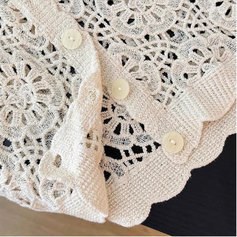 Women's French V-Neck Crochet Knit Cardigan Summer Slimming Loose Fit Versatile Top