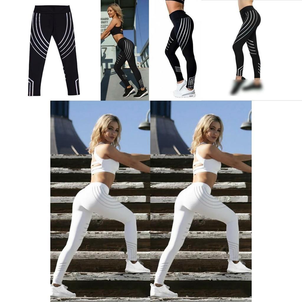 Damen Leggings mit hoher Taille Reflektierender Streifen Trainingshose Yogahose Sport Fitness Sexy