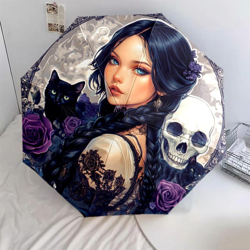 Black Cat Girl pattern, automatic folding umbrella, portable and foldable design, 8 ribs, a Christmas or birthday gift.