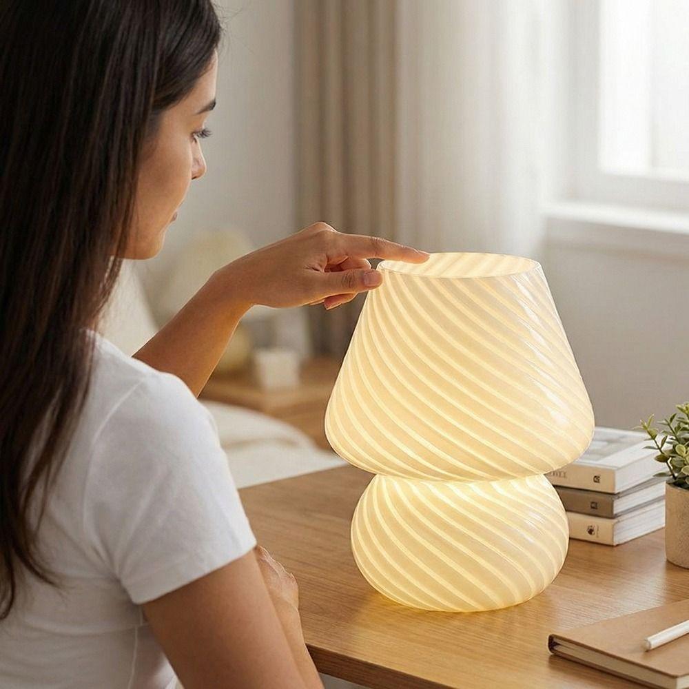 Desk Lamp Ins Style Mushroom LED Lamp Striped Mushroom Bedside Lamp Transparent Glass Night Lamp Nightlight for Baby