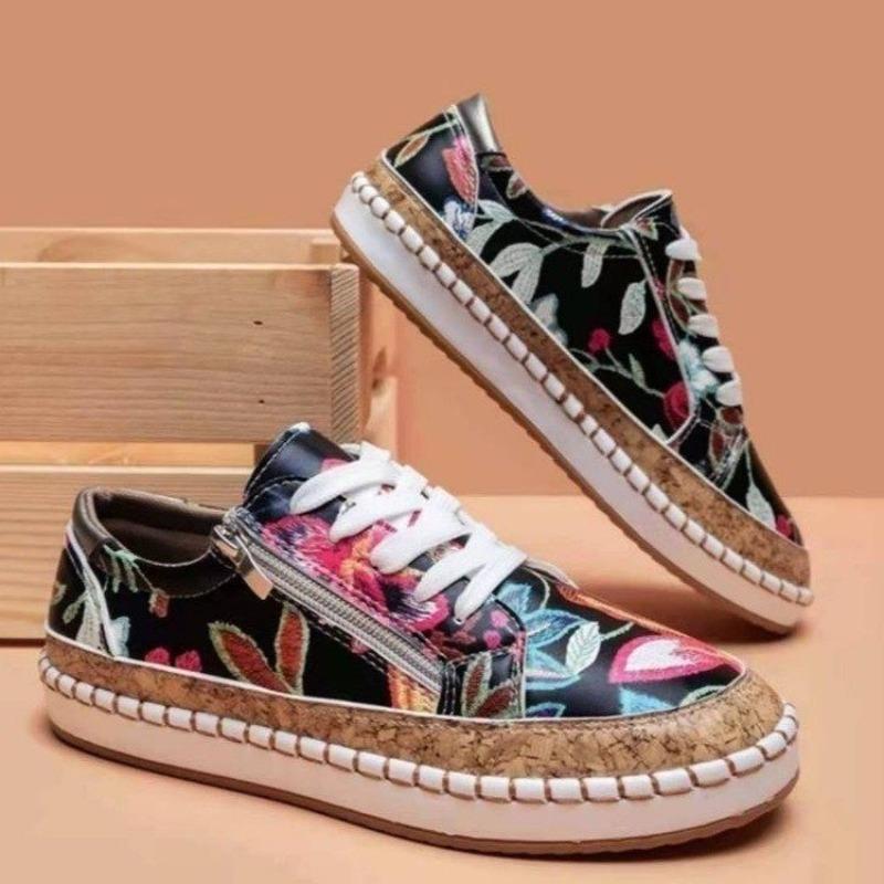 Plus-size Color-blocking Printed Lace-up Flat Single Shoes Women's 2025 New Pump-mouth Casual Board Shoes
