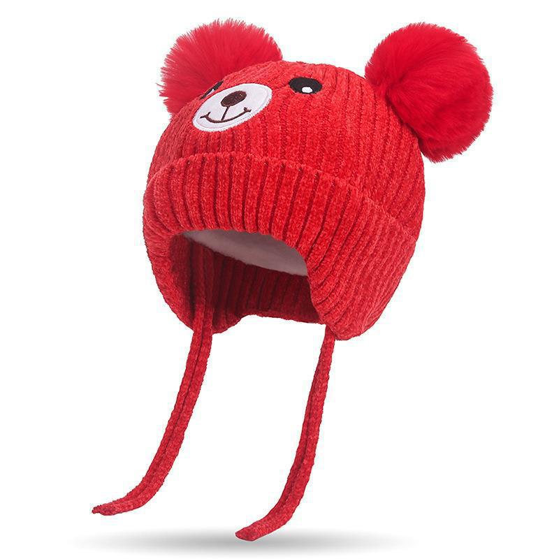 Winter neu niedlicher Bär warmer Ohrenschützer Plüschwollmütze Babymütze Herbst und Winter Bommel Strickmütze