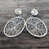 Vintage Creative Silver Color Metal Carving Hollow Flower Earrings Classic Round Inlaid Sea Blue Stone Dangle Earrings for Women