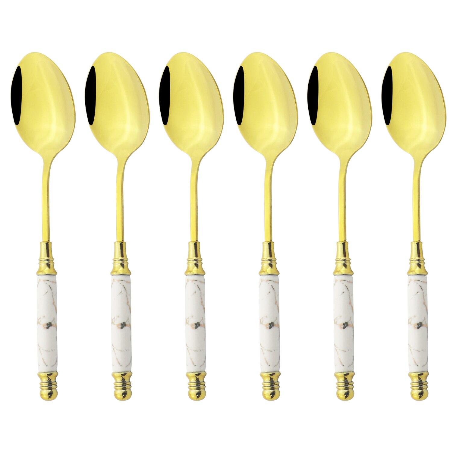 

6 шт. столовые приборы, мраморные керамические столовые приборы, кофейная ложка для супа, ужин, чайная ложка, посуда, роскошная элегантная посуда из нержавеющей стали Dinner spoon белый/золотой