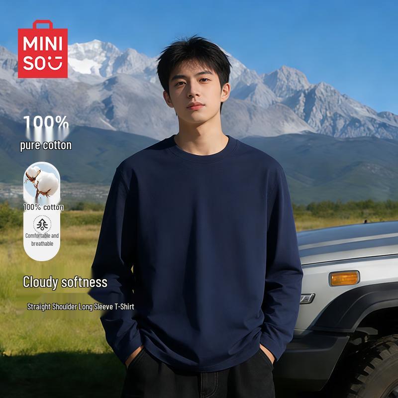 MINISO Men's Pure Cotton Loose Fit Long Sleeve T-Shirt