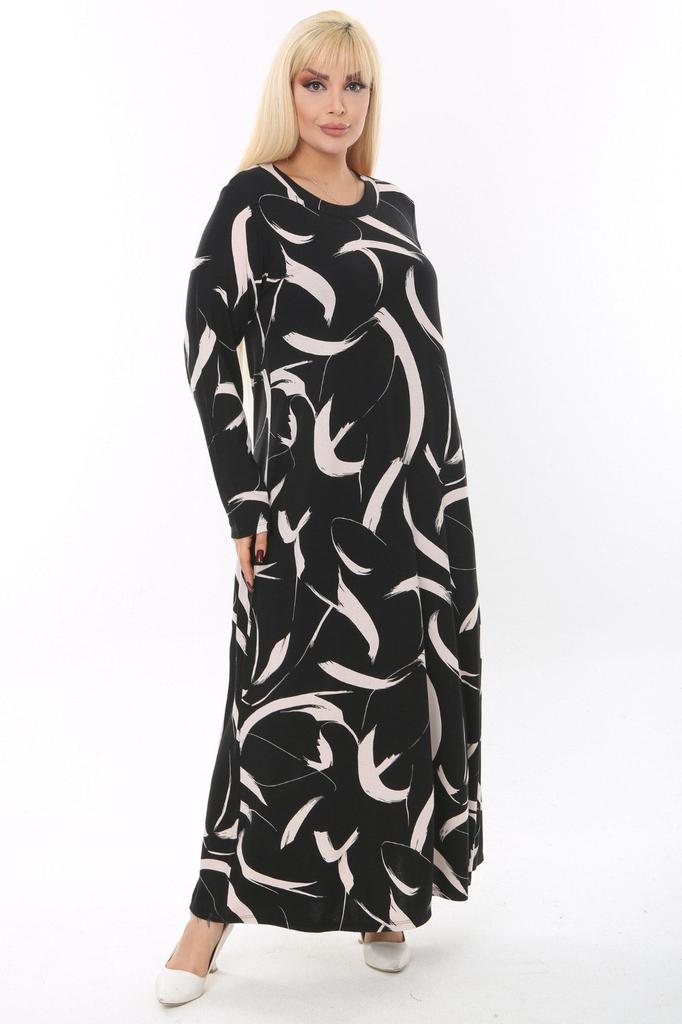 Damen Übergröße Kleid Plus Size Weißes Federmuster Geripptes Langarmkleid