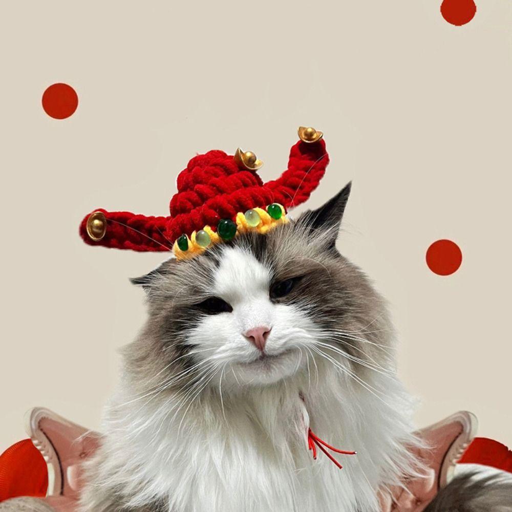 Chinese Style Fortune Cat Headwear Hand-crocheted Warm Pet Beret Blessing Traditional Pet Knitted Hat For Small Dogs Cats