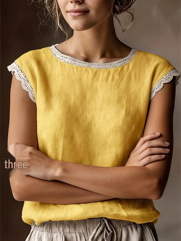 Women's European and American Style Sleeveless Lace Cotton-Linen Shirt, Spring/Summer 2026 Collection.