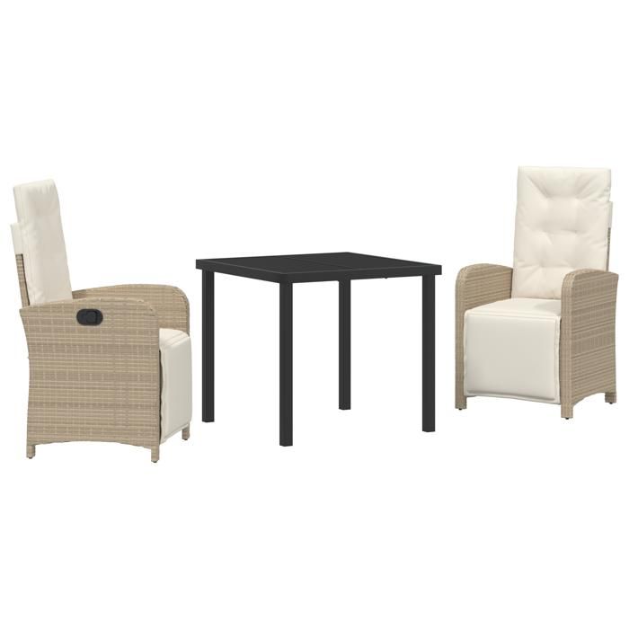 VidaXL Ensemble repas jardin 3 pièces avec coussins, table carrée moderne en poly rotin beige et chaises pour l'extérieur, 3380330