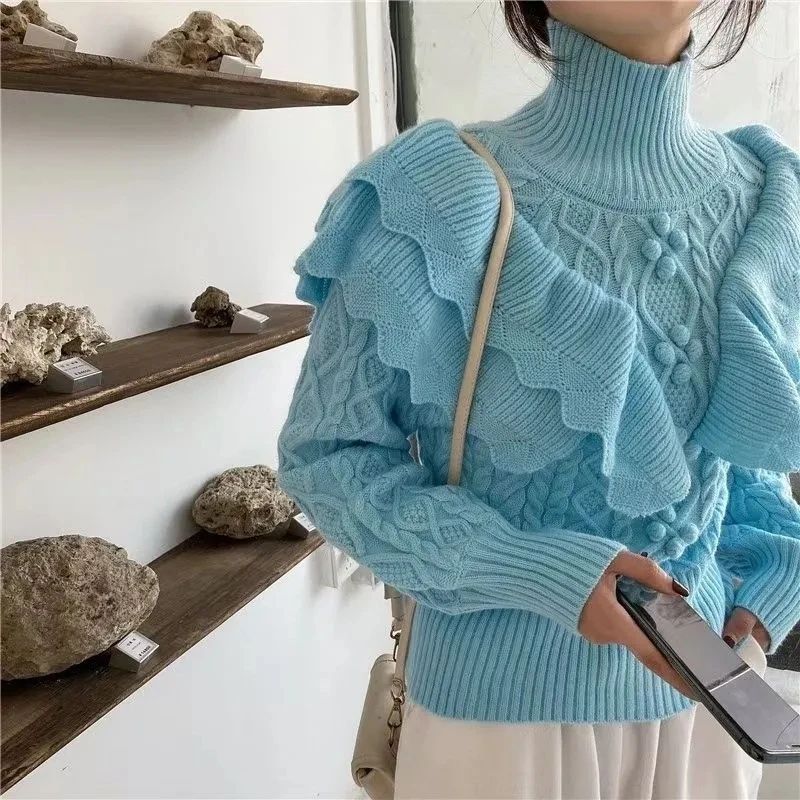 

Loose Solid Color Sweater with Ruffle Edge Frill Loose Solid Sweater Blue Top One size