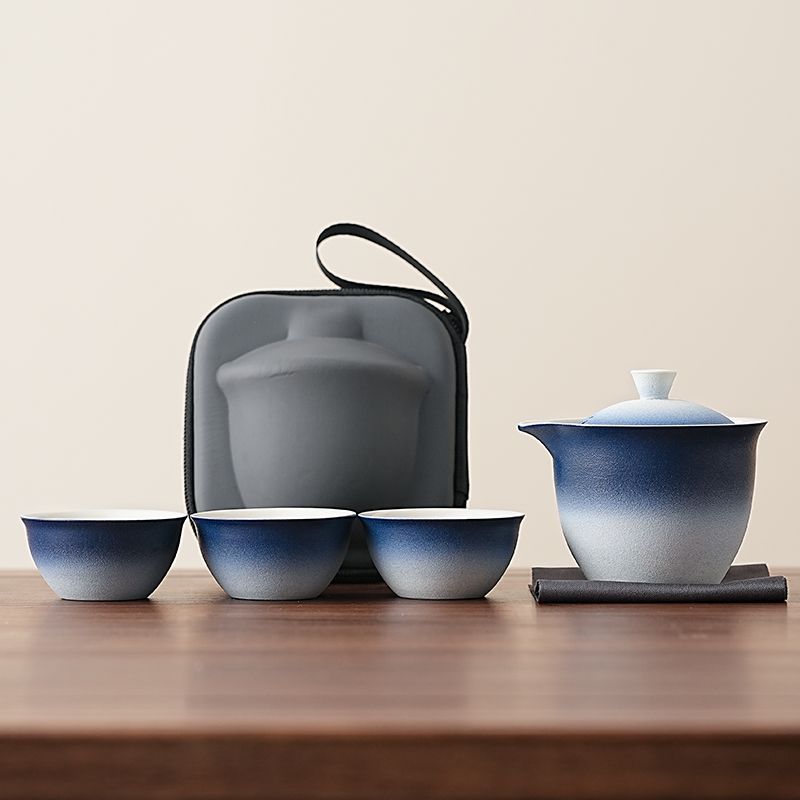 

Gradient Travel Tea Set, Ceramic Kuai Ke Cup Portable Package Outdoor Minimalist Style Cup Office Use, One Pot with Three Cups