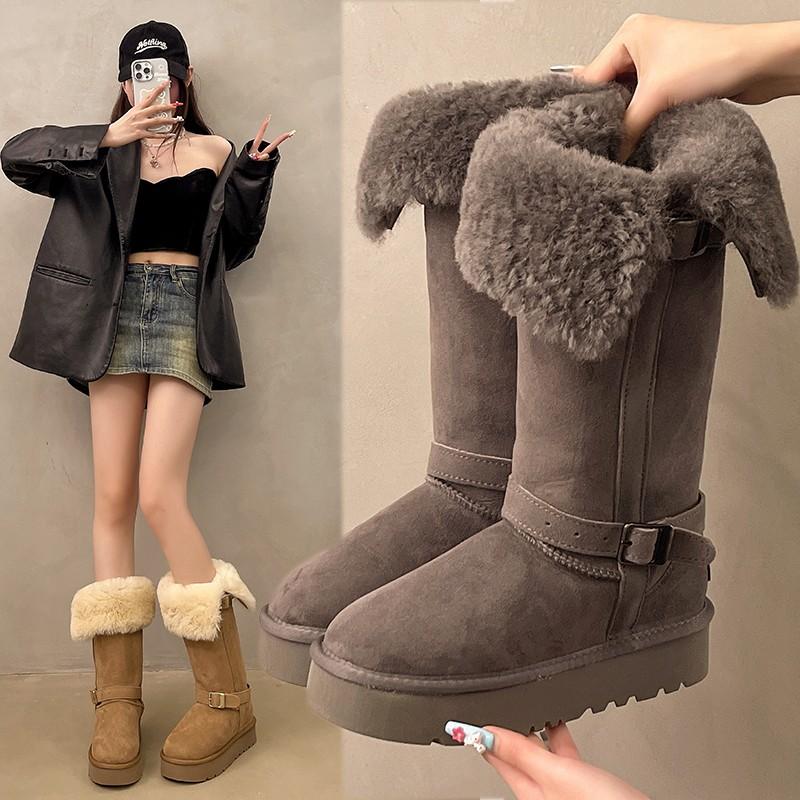 Plus Size Women's Boots Winter New Round Toe Sleeve Metal Buckle Platform Fleece Fur Non-slip Snow Boots