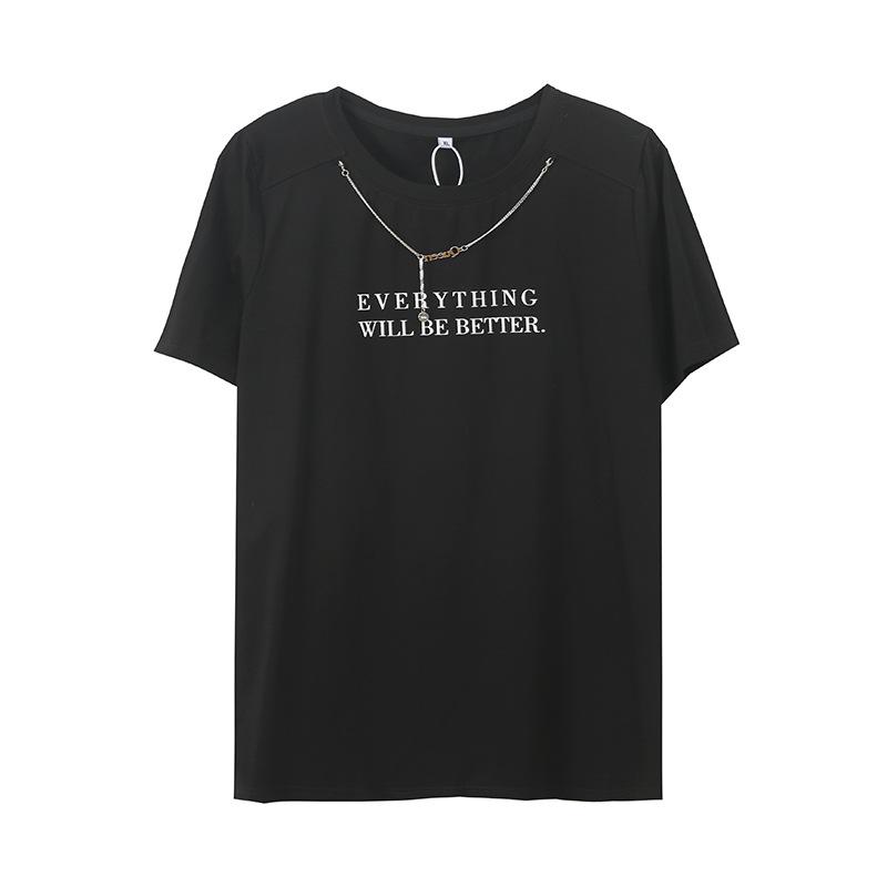 Spring and summer new solid color versatile short-sleeved t-shirt large size women's clothing ins niche chain printed top 212119