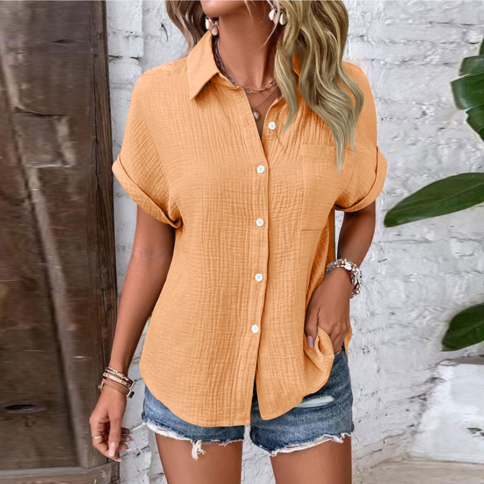 

Женские рубашки на пуговицах с коротким рукавом, повседневная рубашка с воротником, свободные блузки, однотонные топы с карманом M оранжевый
