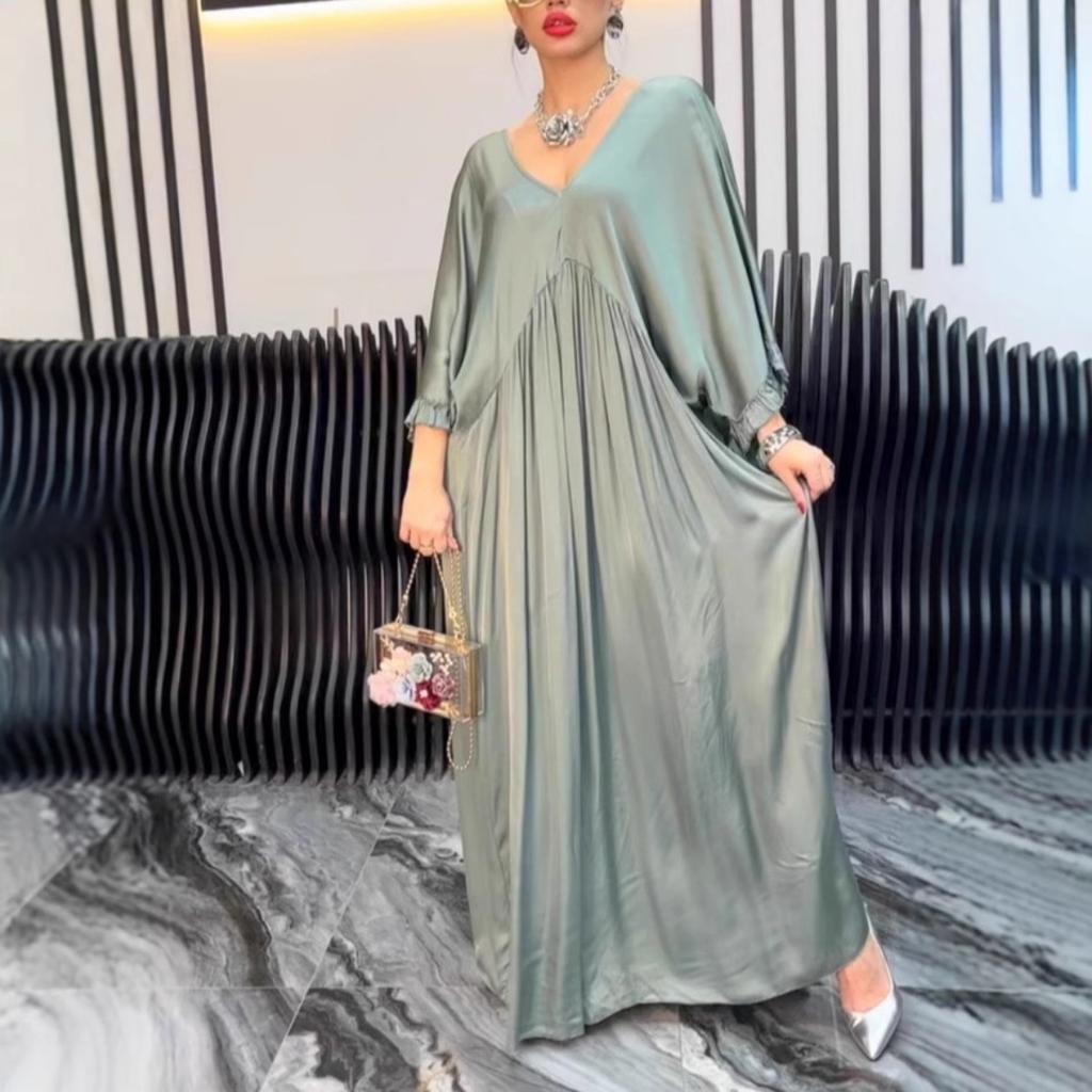 Summer Women's Fashion Casual Satin Ruffle Sleeve Ruched Long Maxi Dress for European American
