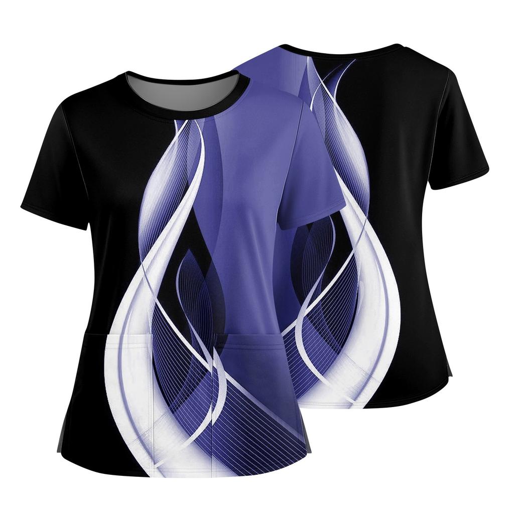 Women's Fashionable Printed Round Neck Pocket Short Sleeved Shirt With Slit Hem Uniform And Worker's Top